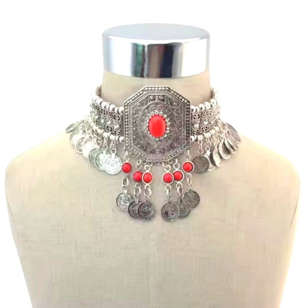 Handmade Moroccan Statement Necklace with Red Gemstone and Silver Coin Charms